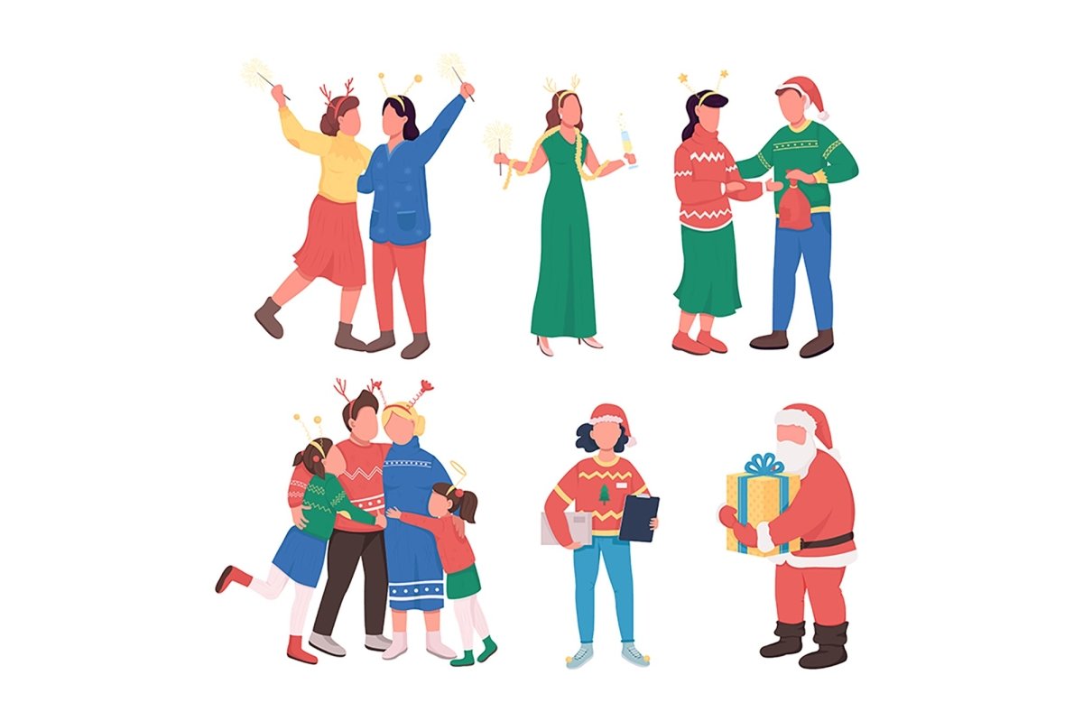 Christmas party semi flat color vector character set