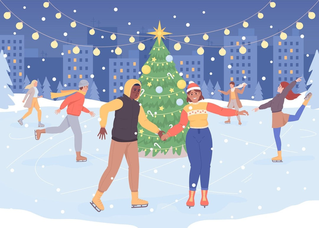 Christmas skating rink flat color vector illustration