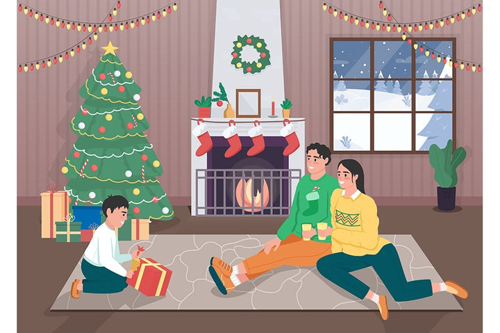 Christmas time color vector illustration set