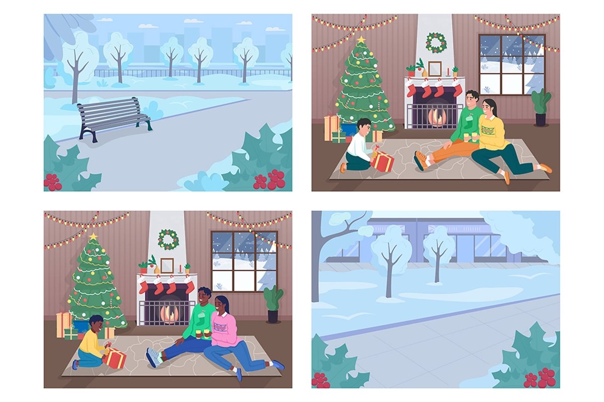 Christmas time color vector illustration set