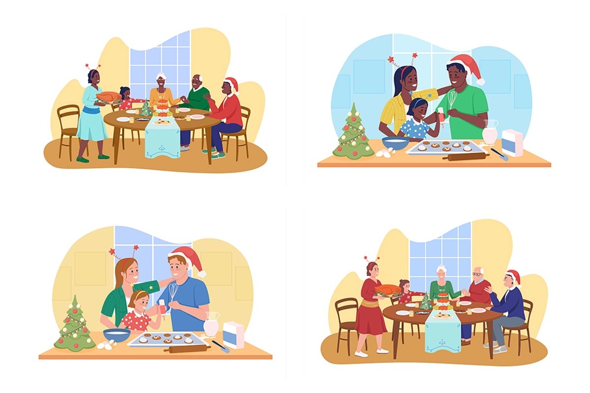 Christmas with family vector illustration set
