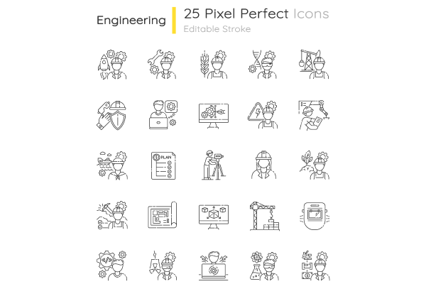 Civil engineering pixel perfect linear icons set