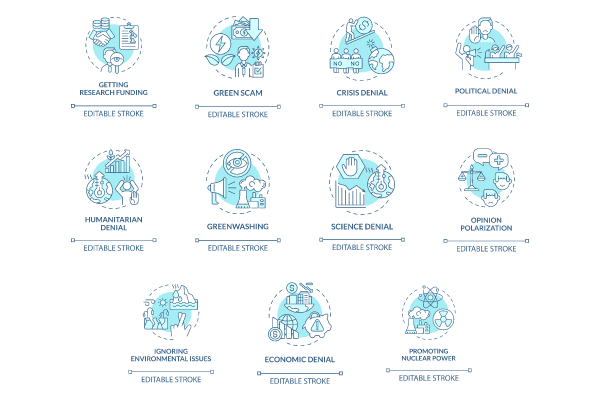 Climate skepticism and conspiracy blue concept icons set