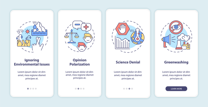 Climate skepticism and conspiracy onboarding mobile app page screen bundle