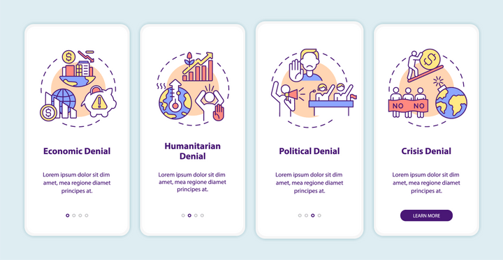Climate skepticism and conspiracy onboarding mobile app page screen bundle