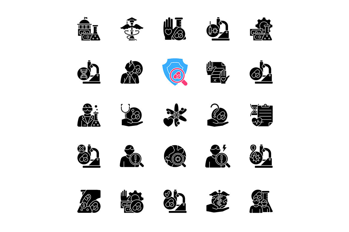 Clinical trials black glyph icons set on white space