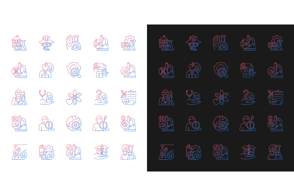 Clinical trials gradient icons set for dark and light mode