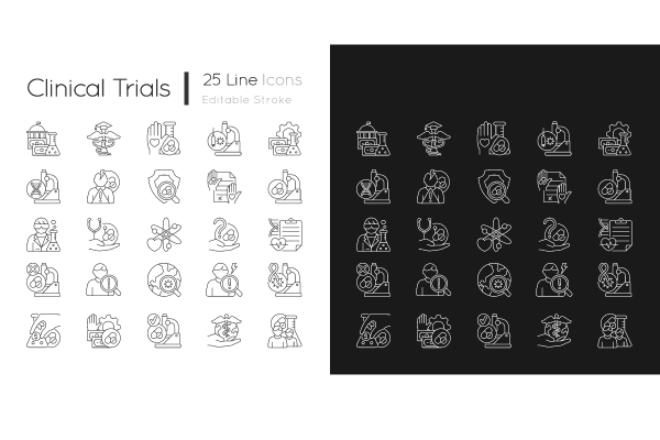 Clinical trials linear icons set for dark and light mode
