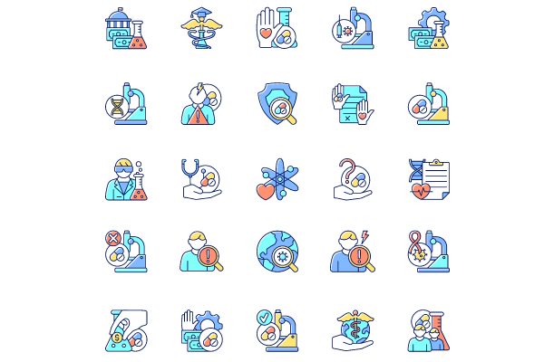 Clinical trials RGB color icons set