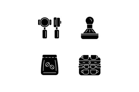 Coffee and barista accessories black glyph icons set on white space