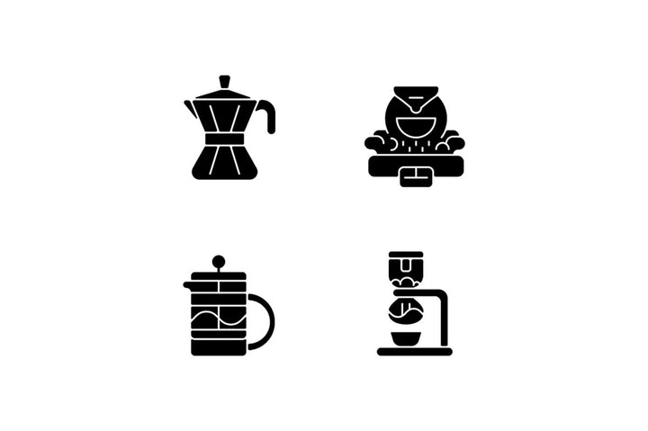 Coffee and barista accessories black glyph icons set on white space