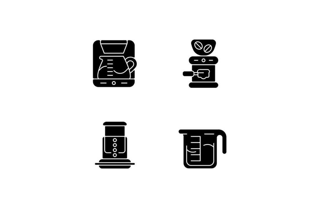 Coffee and barista accessories black glyph icons set on white space