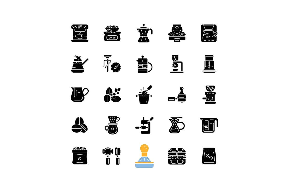 Coffee and barista accessories black glyph icons set on white space