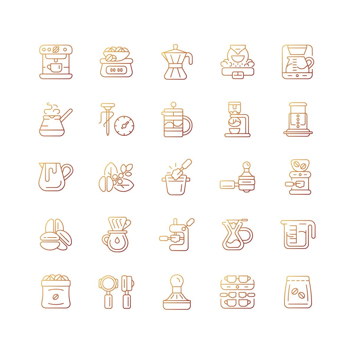 Coffee and barista accessories gradient linear vector icons set