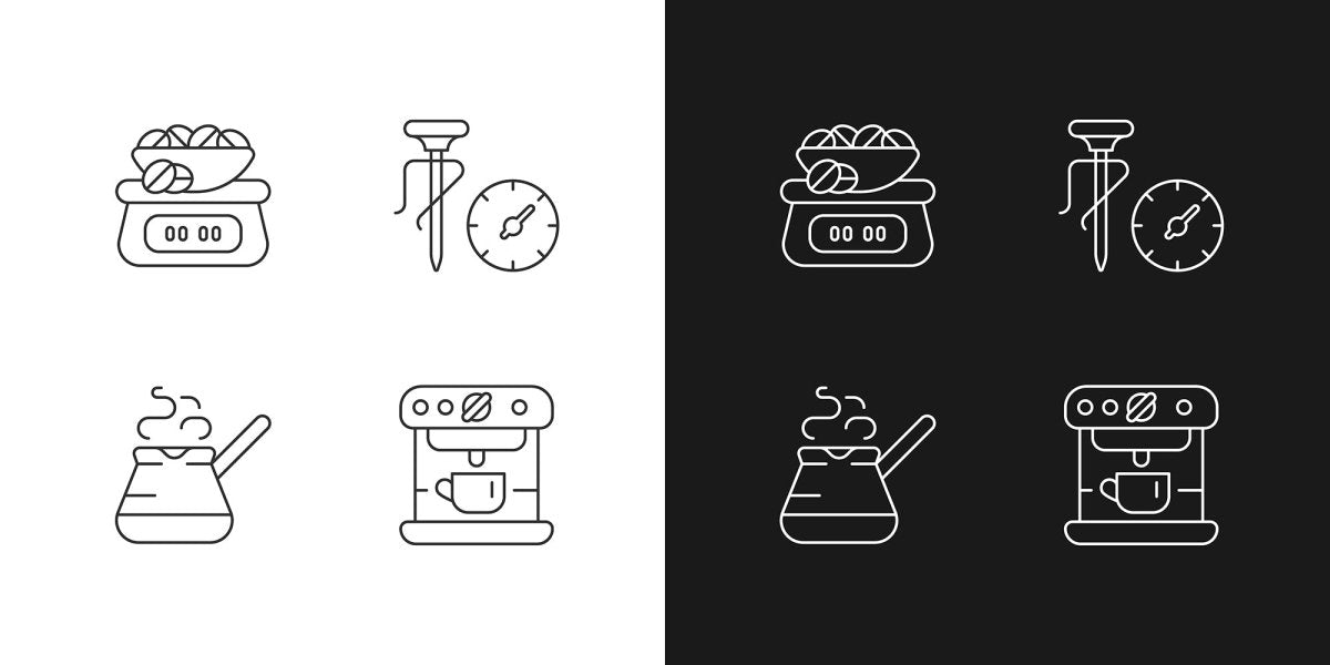 Coffee and barista accessories linear icons set for dark and light mode