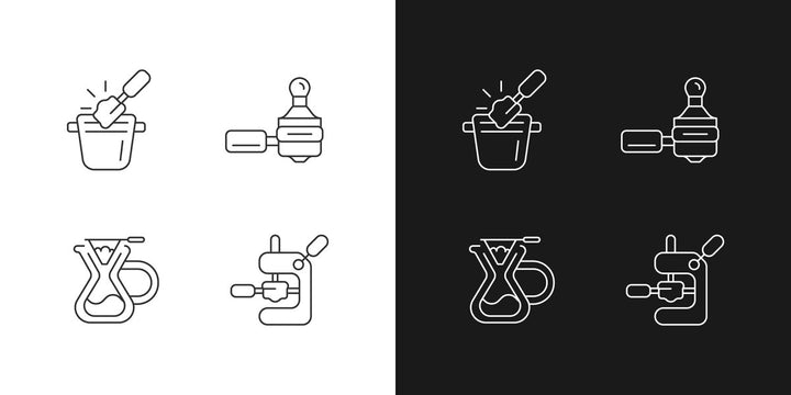Coffee and barista accessories linear icons set for dark and light mode