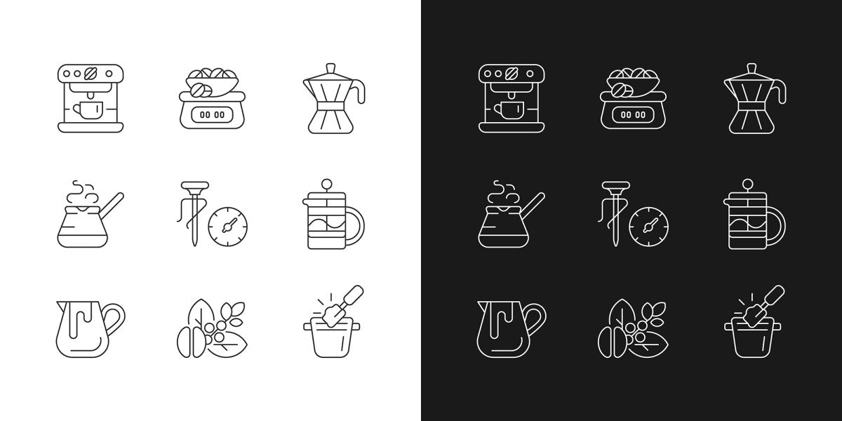Coffee and barista accessories linear icons set for dark and light mode