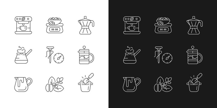 Coffee and barista accessories linear icons set for dark and light mode