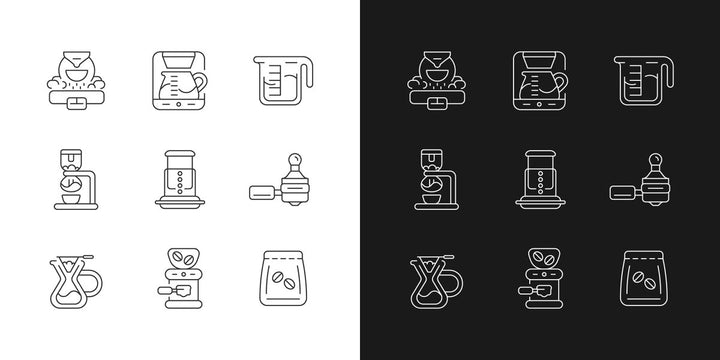Coffee and barista accessories linear icons set for dark and light mode