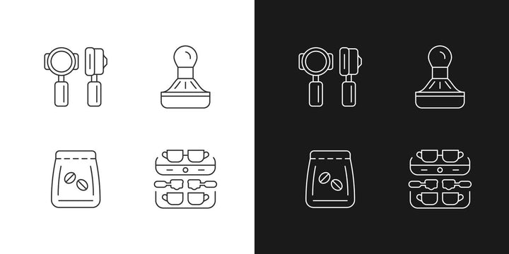 Coffee and barista accessories linear icons set for dark and light mode