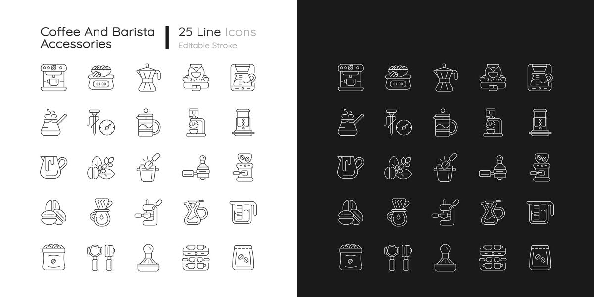 Coffee and barista accessories linear icons set for dark and light mode