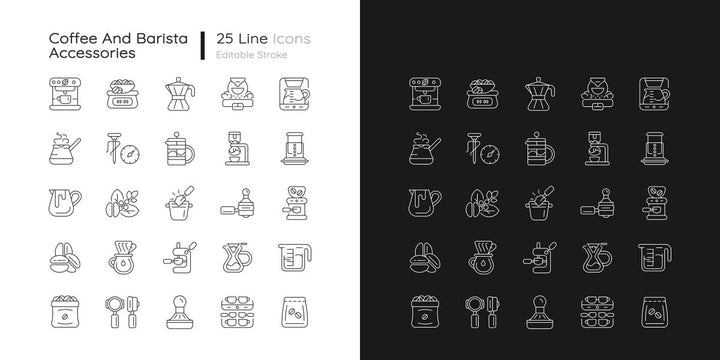 Coffee and barista accessories linear icons set for dark and light mode