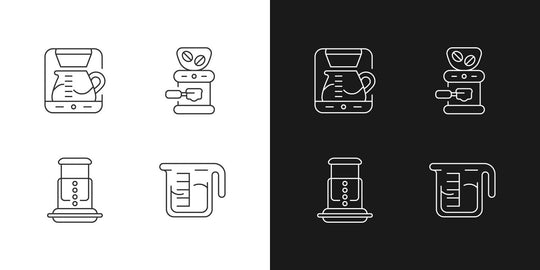 Coffee and barista accessories linear icons set for dark and light mode