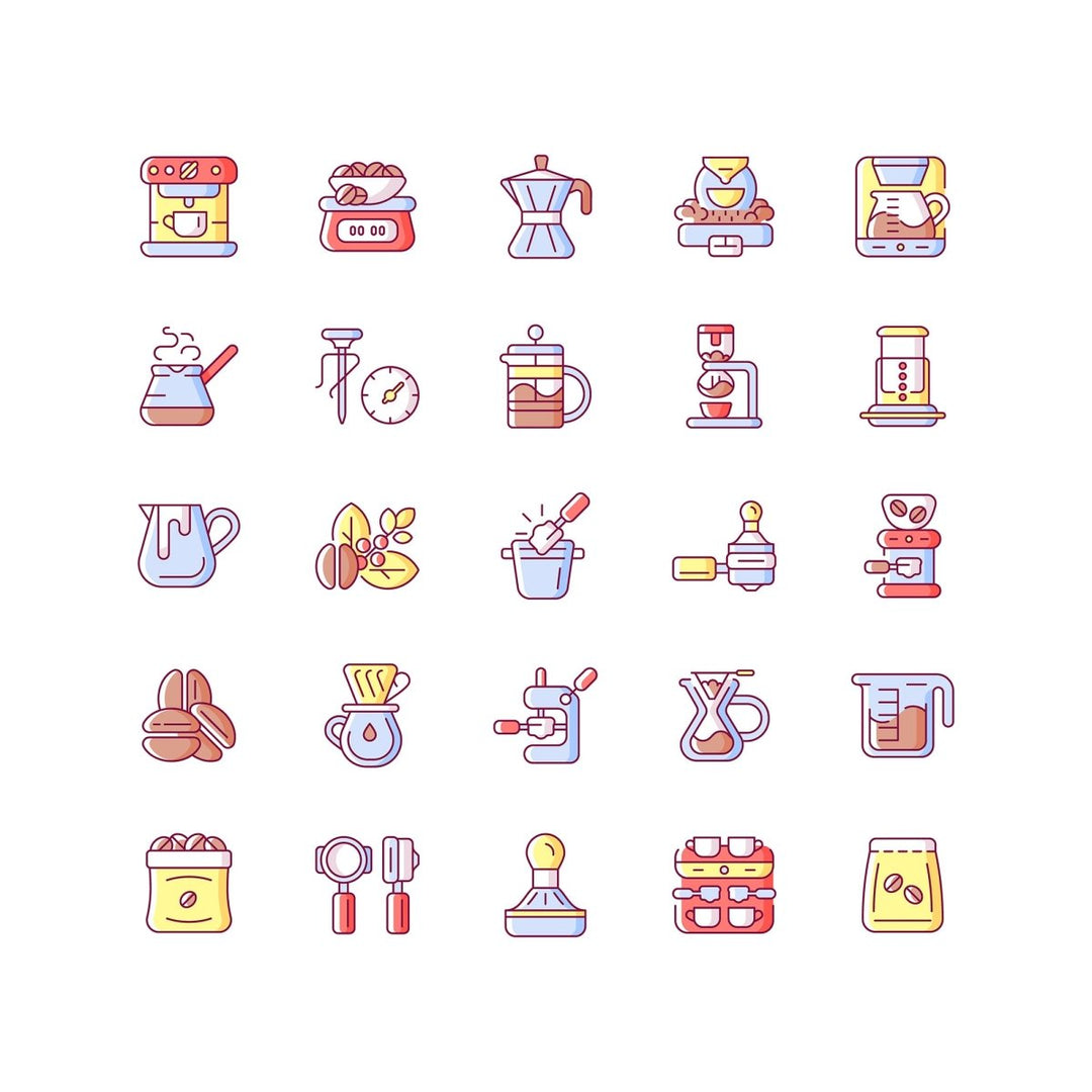 Coffee and barista accessories RGB color icons set