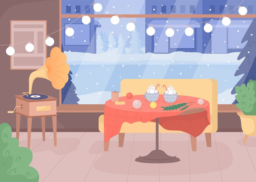 Coffee shop decorating for Christmas flat color vector illustration