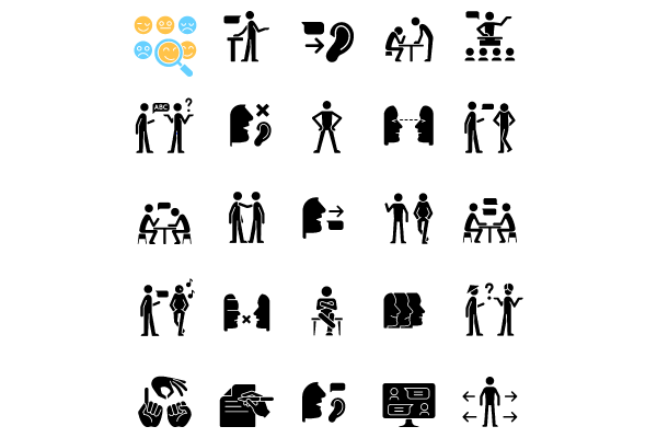Communication channel black glyph icons set on white space