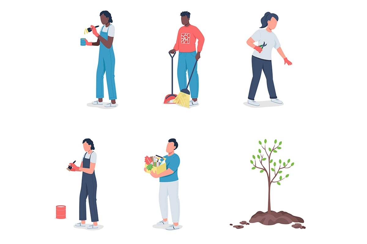 Community workers flat contour vector illustrations set