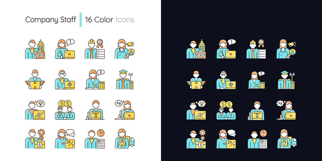 Company staff related light and dark theme RGB color icons set