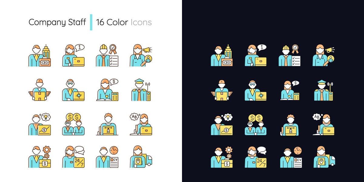 Company staff related light and dark theme RGB color icons set