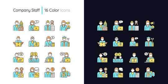 Company staff related light and dark theme RGB color icons set