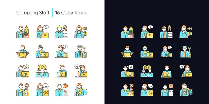 Company staff related light and dark theme RGB color icons set