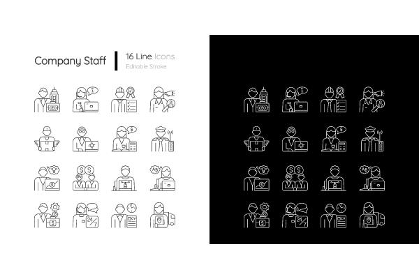 Company staff related linear icons set for dark and light mode