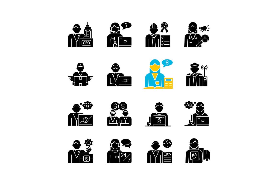 Company staff related RGB black glyph icons set on white space