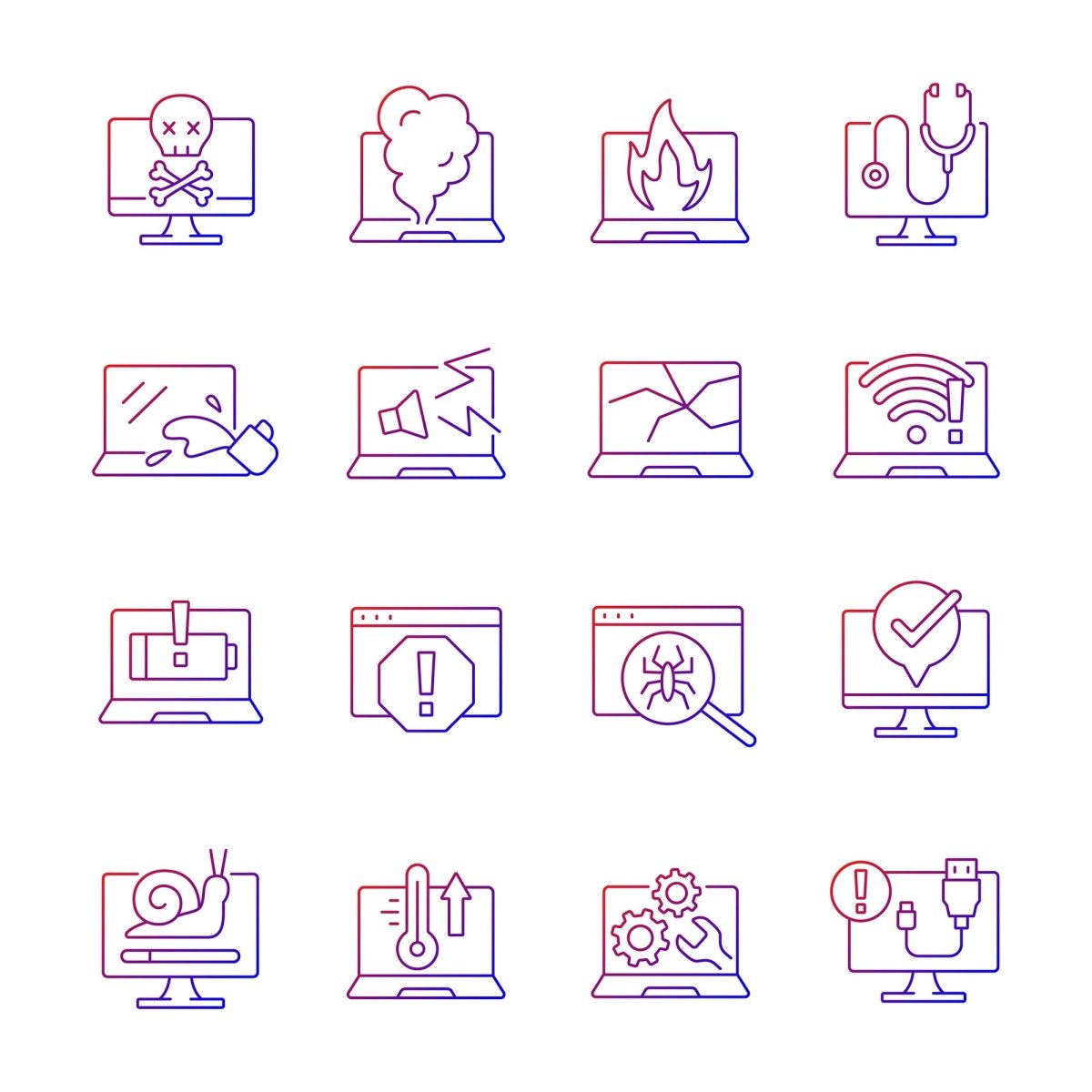 Computer problem gradient linear vector icons set