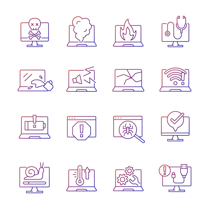 Computer problem gradient linear vector icons set