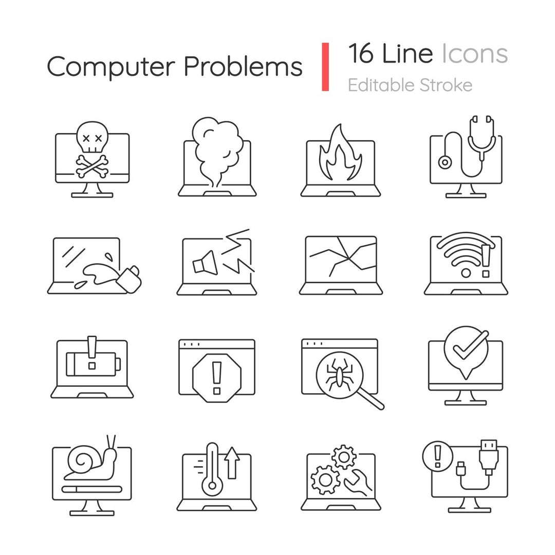 Computer problems linear icons set