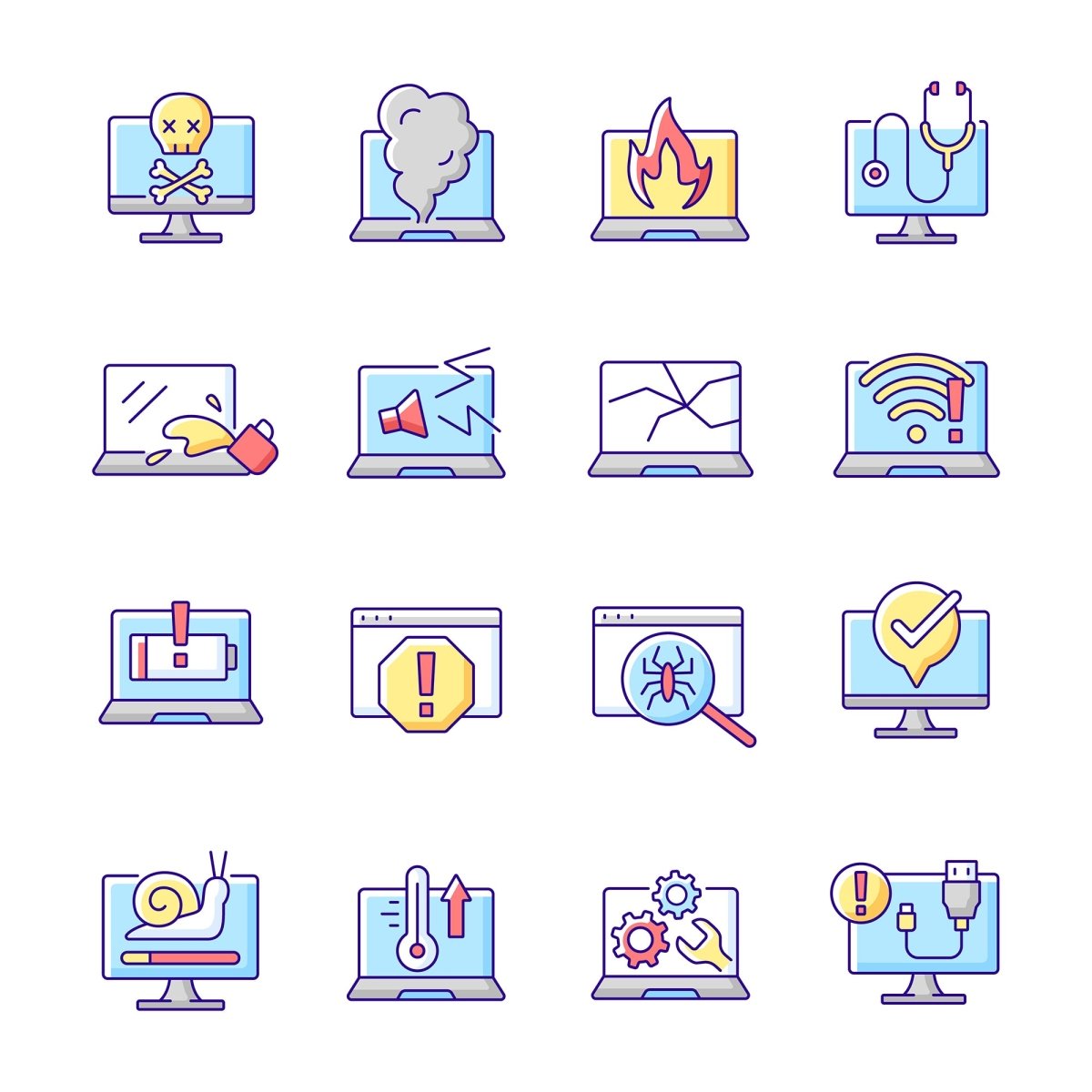 Computer problems RGB color icons set