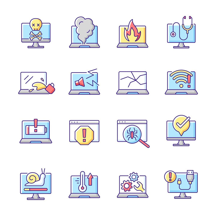 Computer problems RGB color icons set