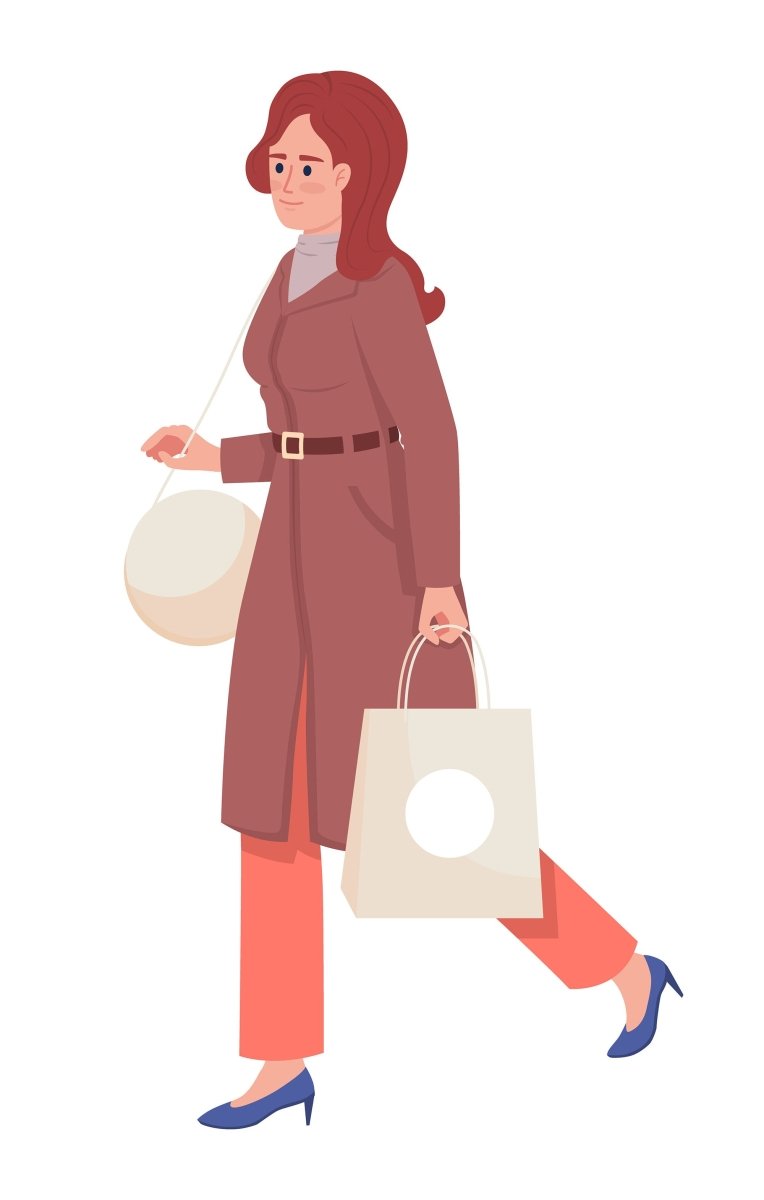 Confident adult woman wearing fashionable coat semi flat color vector character