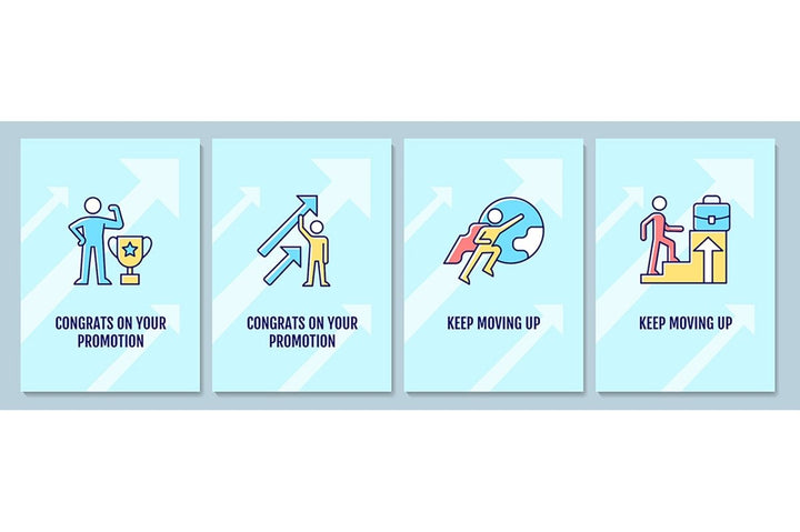 Congratulation on promotion greeting card with color icon element set