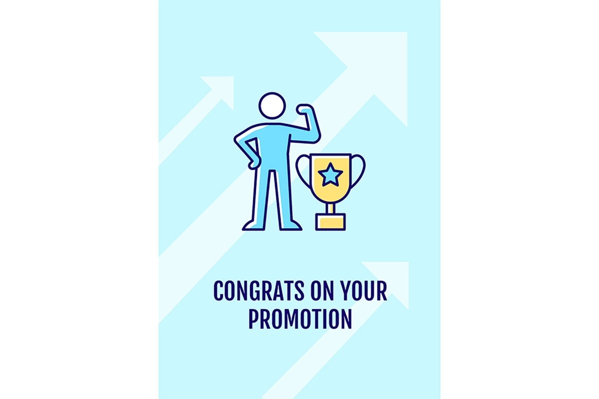 Congratulation on promotion greeting card with color icon element set