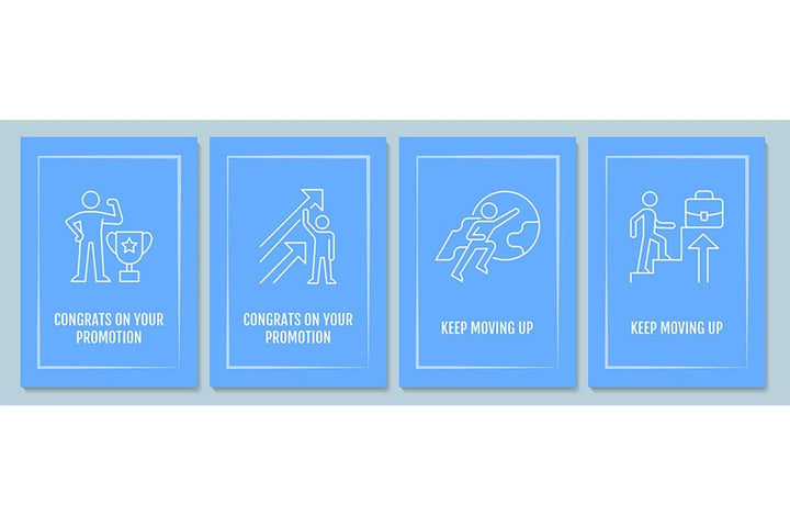 Congratulation on promotion postcard with linear glyph icon set