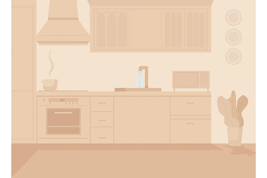 Contemporary monochrome kitchen flat color vector illustration set
