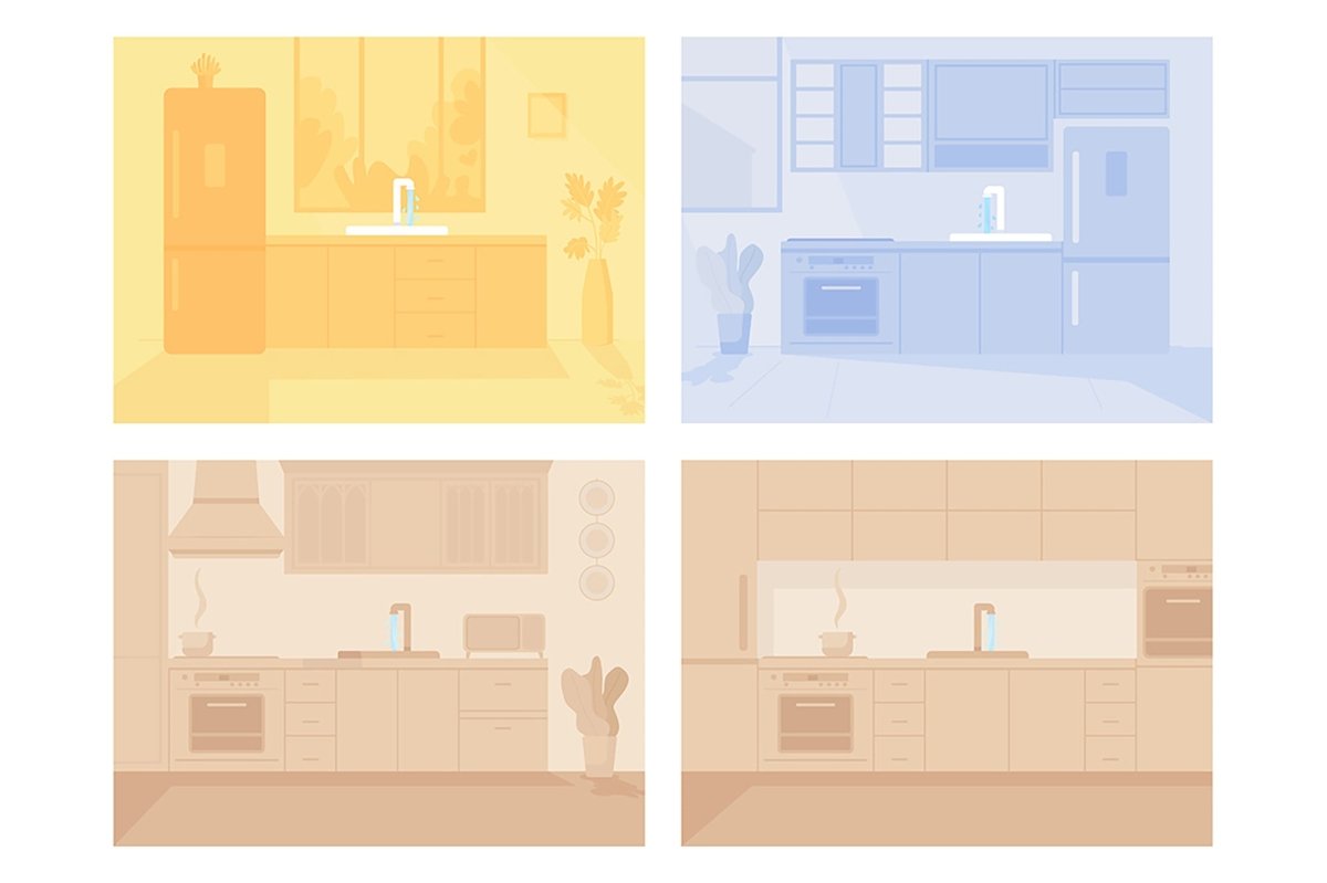 Contemporary monochrome kitchen flat color vector illustration set