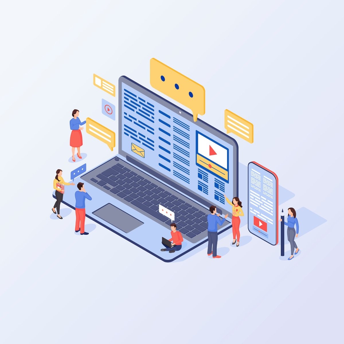 Content marketing and copywriting isometric concept icons set