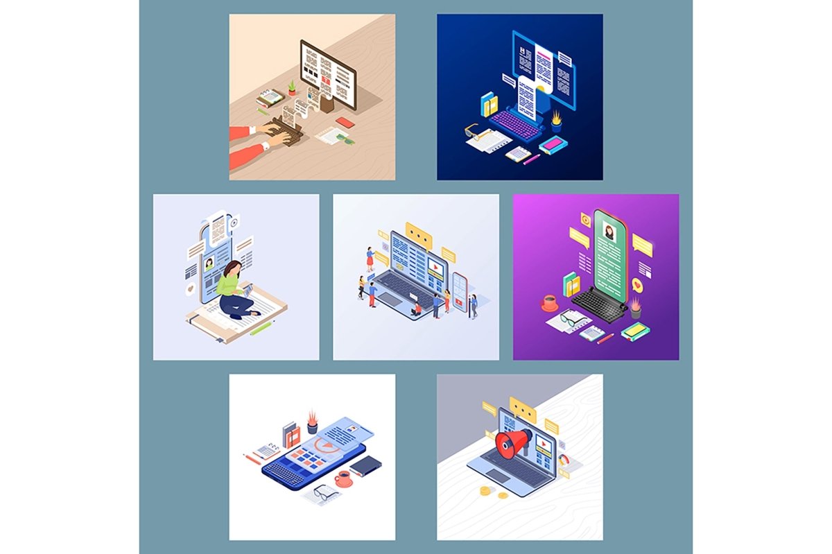 Content marketing and copywriting isometric concept icons set